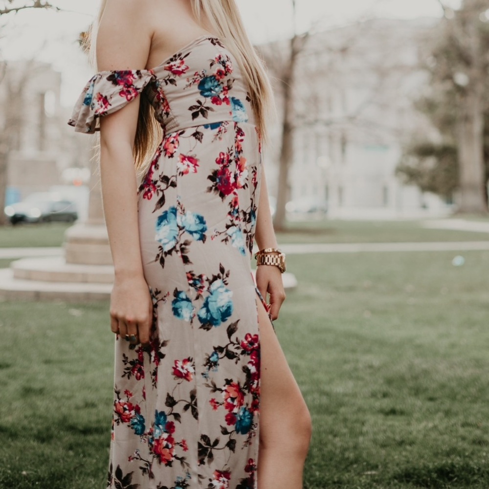 Band of Gypsies Nude midi dress with Pink and Blue floral design with slits